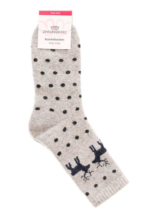 💕 Zwillingsherz Socken "Rentiere & Punkte" Kuschelsocken Hellgrau