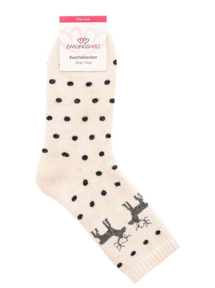 💕 Zwillingsherz Socken "Rentiere & Punkte" Kuschelsocken Weiß