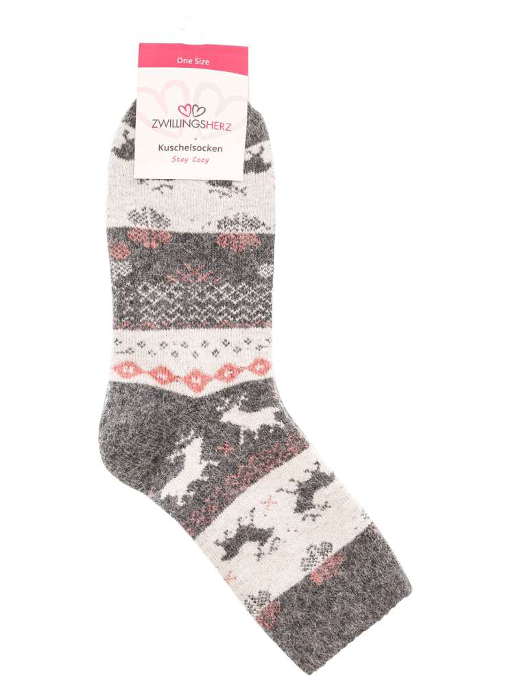 💕 Zwillingsherz Socken "Rentiere" Kuschelsocken Grau