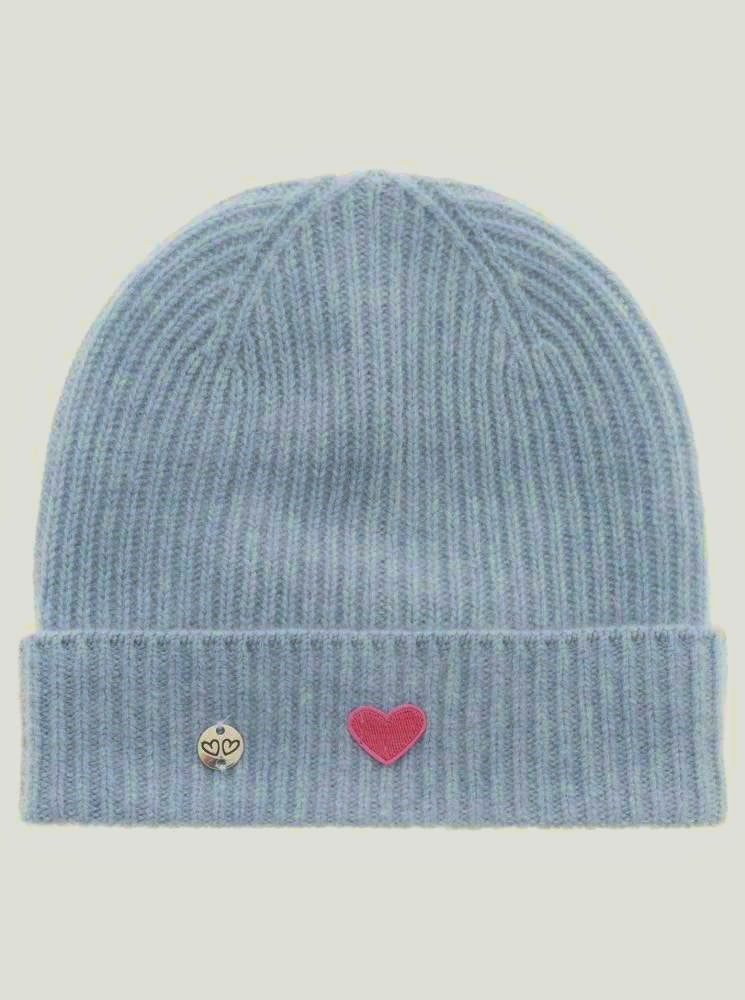 💕 Zwillingsherz Mütze "Ribbon Patch Herz" 100 % Kaschmir Umschlag Blau