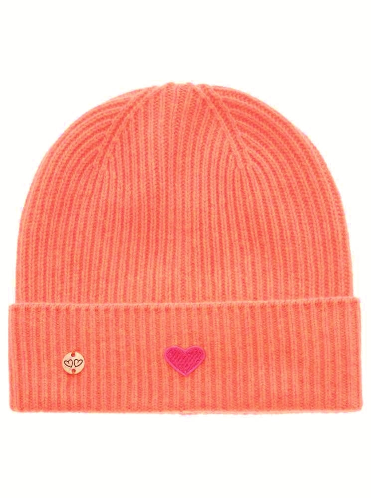 đ Zwillingsherz MĂŒtze "Ribbon Patch Herz" 100 % Kaschmir Umschlag Apricot