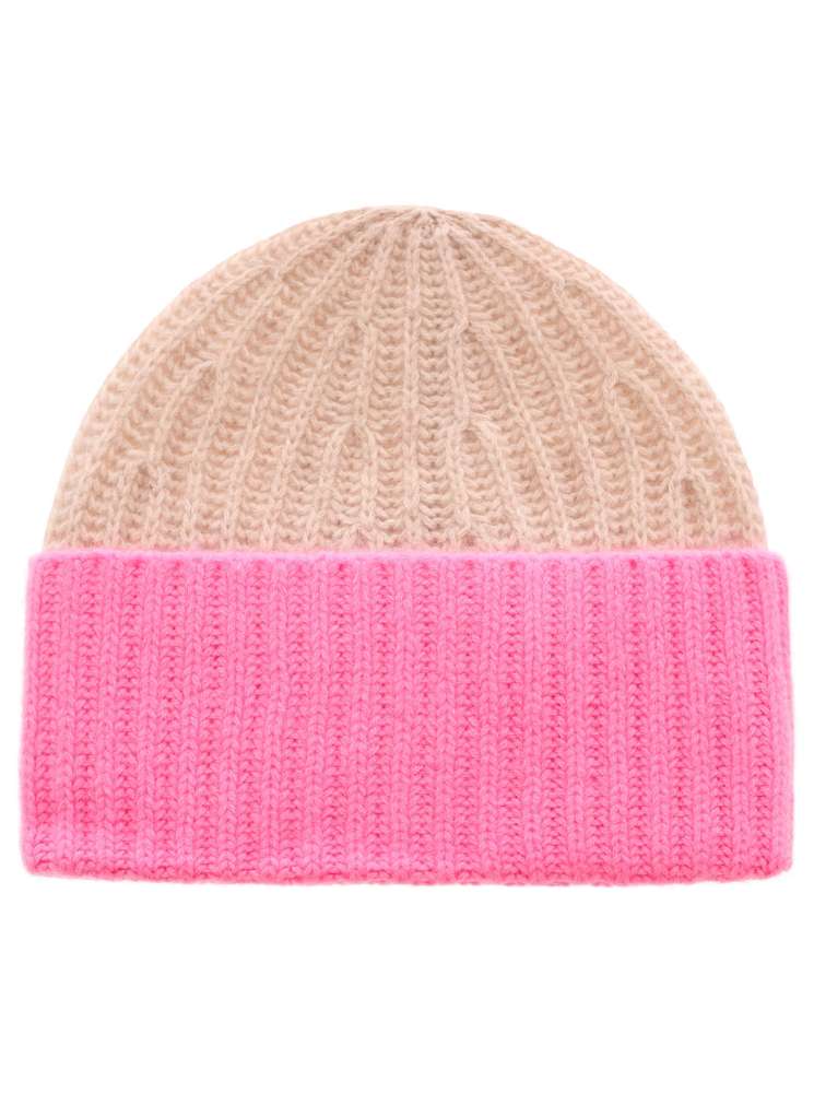 💕 Zwillingsherz Grobstrick Mütze "Zweifarbig" 100 % Kaschmir Hellbeige Bubblegum