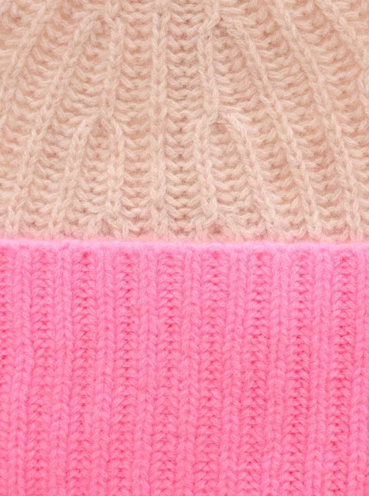 💕 Zwillingsherz Grobstrick Mütze "Zweifarbig" 100 % Kaschmir Hellbeige Bubblegum