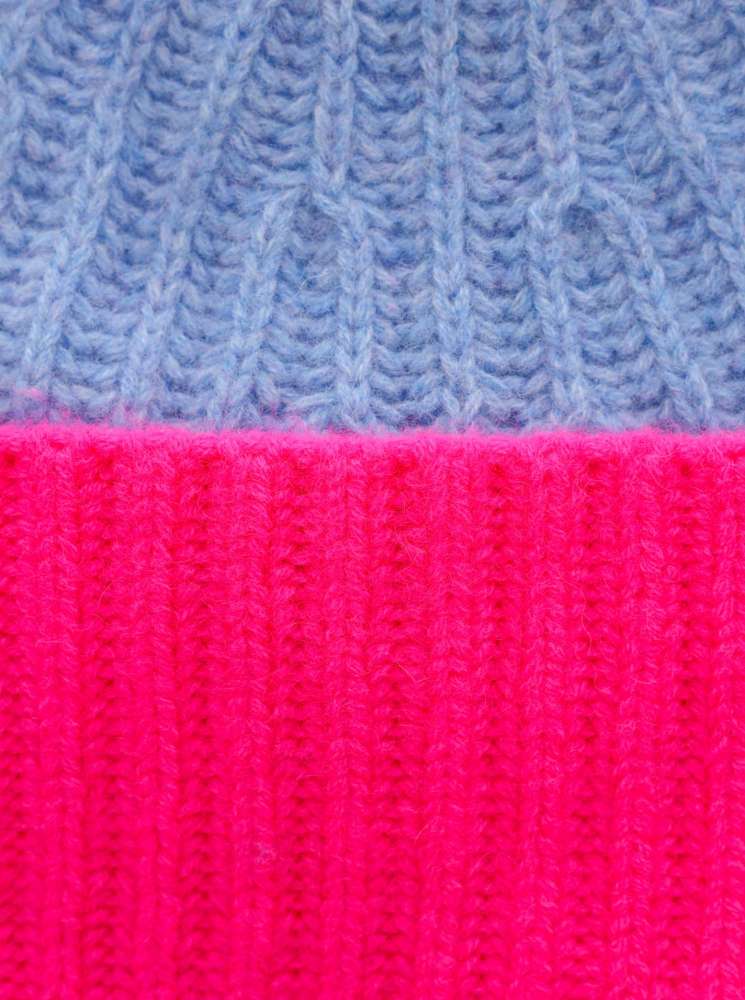 💕 Zwillingsherz Grobstrick Mütze "Zweifarbig" 100 % Kaschmir Hellblau Neonpink