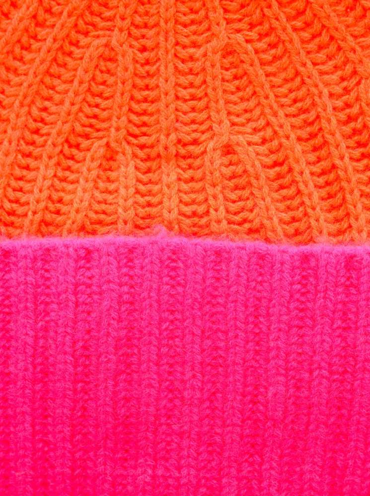 💕 Zwillingsherz Grobstrick Mütze "Zweifarbig" 100 % Kaschmir Neonorange Neonpink