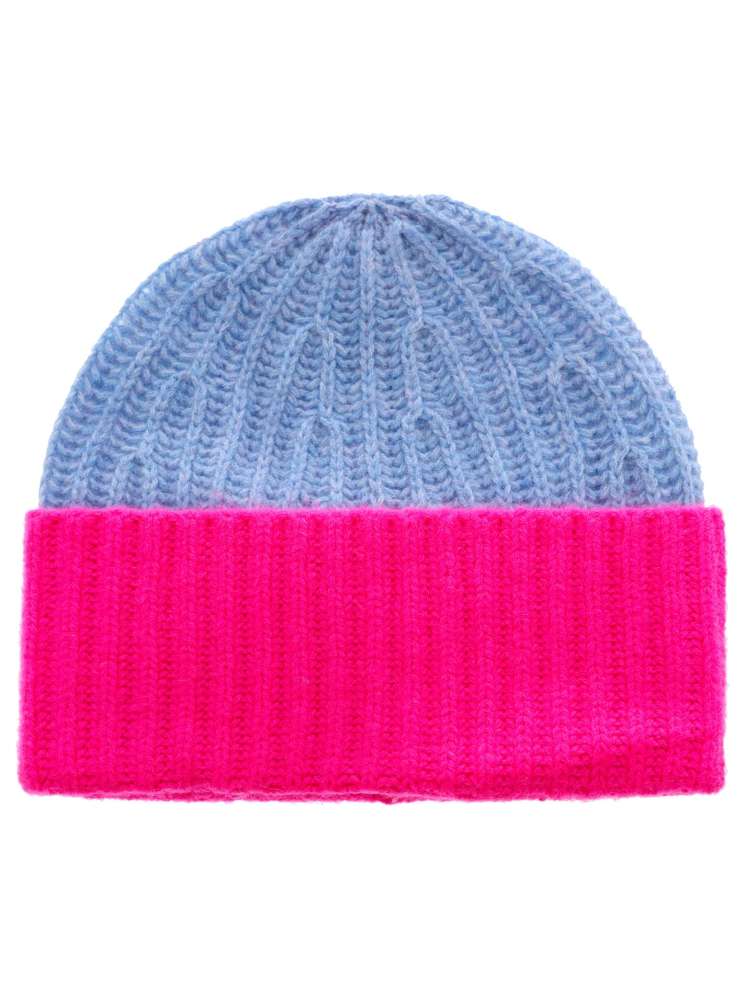 💕 Zwillingsherz Grobstrick Mütze "Zweifarbig" 100 % Kaschmir Hellblau Neonpink