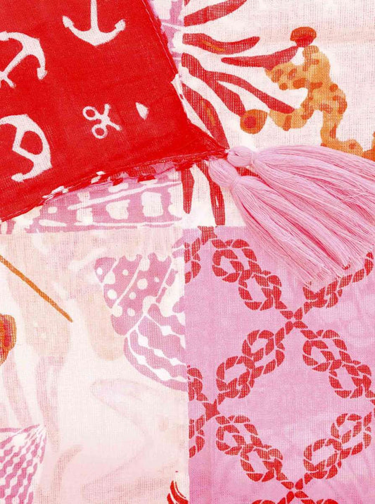 💕 Zwillingsherz Schal "Meeres Print" 100 % Viskose Rot