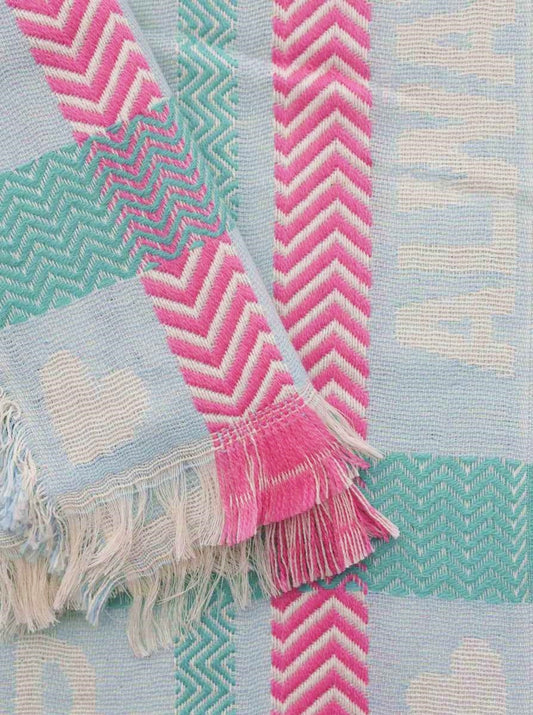 💕 Zwillingsherz Schal "Happy" Neon Kante Baumwolle Hellblau Pink