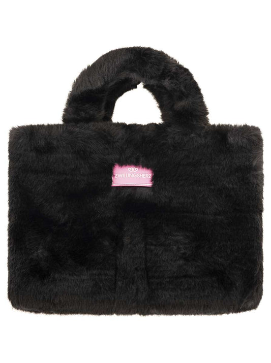 💕 Zwillingsherz Shopper klein "Fake Fur & Patch" Tasche Schwarz
