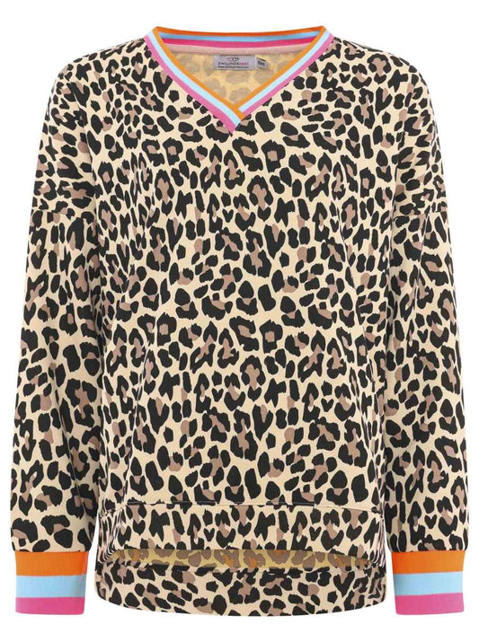 💕 Zwillingsherz Sweatshirt "Leo Allover Neon Kante" Sweater Baumwolle Beige Türkis