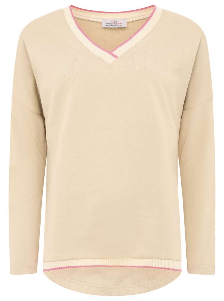 💕 Zwillingsherz Sweatshirt V-Neck Pullover "Neon Kante" Sweater Beige
