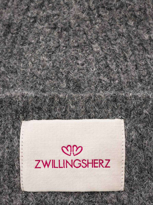 💕 Zwillingsherz Mütze Umschlagmütze "Zwillingsherz Patch" Wolle gerippt Anthrazit