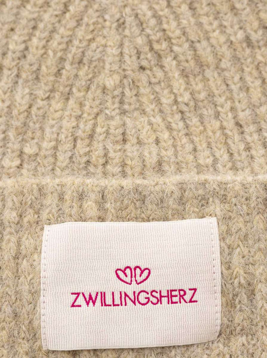 💕 Zwillingsherz Mütze Umschlagmütze "Zwillingsherz Patch" Wolle gerippt Beige