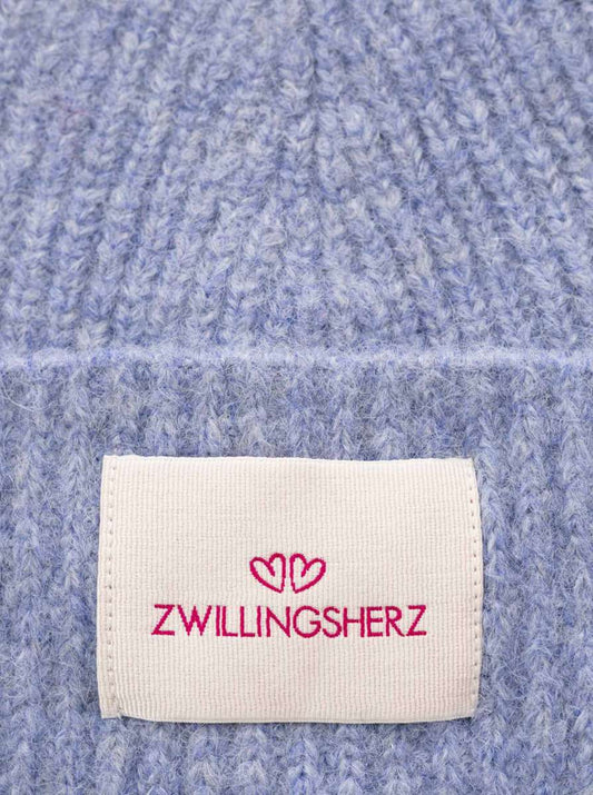 💕 Zwillingsherz Mütze Umschlagmütze "Zwillingsherz Patch" Wolle gerippt Hellblau