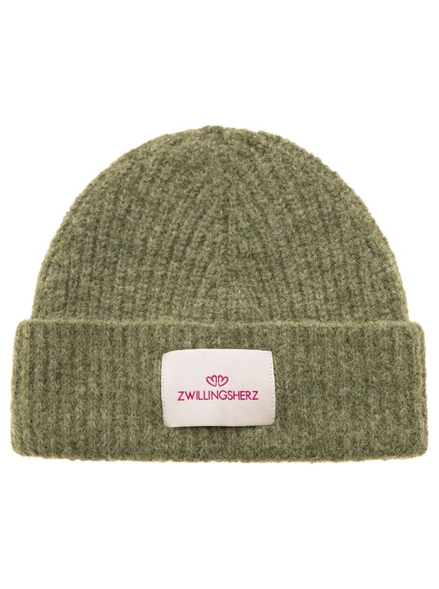 💕 Zwillingsherz Mütze Umschlagmütze "Zwillingsherz Patch" Wolle gerippt Khaki