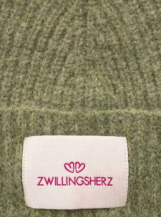 💕 Zwillingsherz Mütze Umschlagmütze "Zwillingsherz Patch" Wolle gerippt Khaki