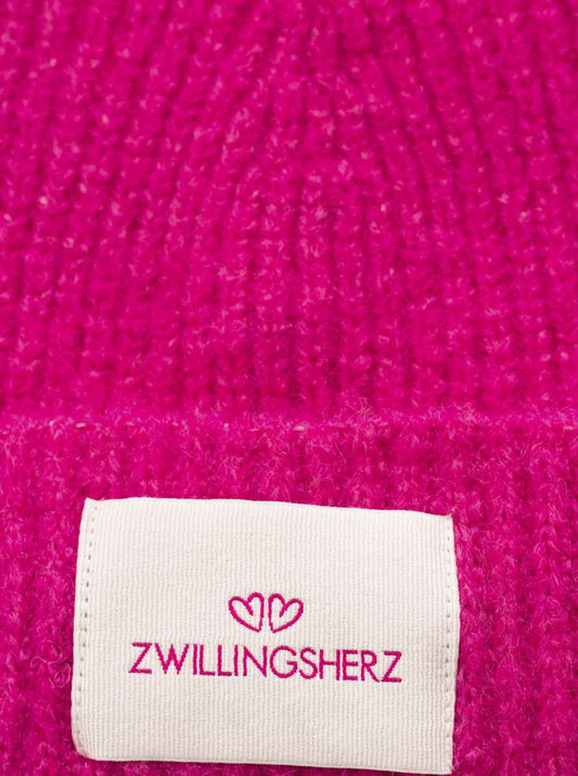💕 Zwillingsherz Mütze Umschlagmütze "Zwillingsherz Patch" Wolle gerippt Pink