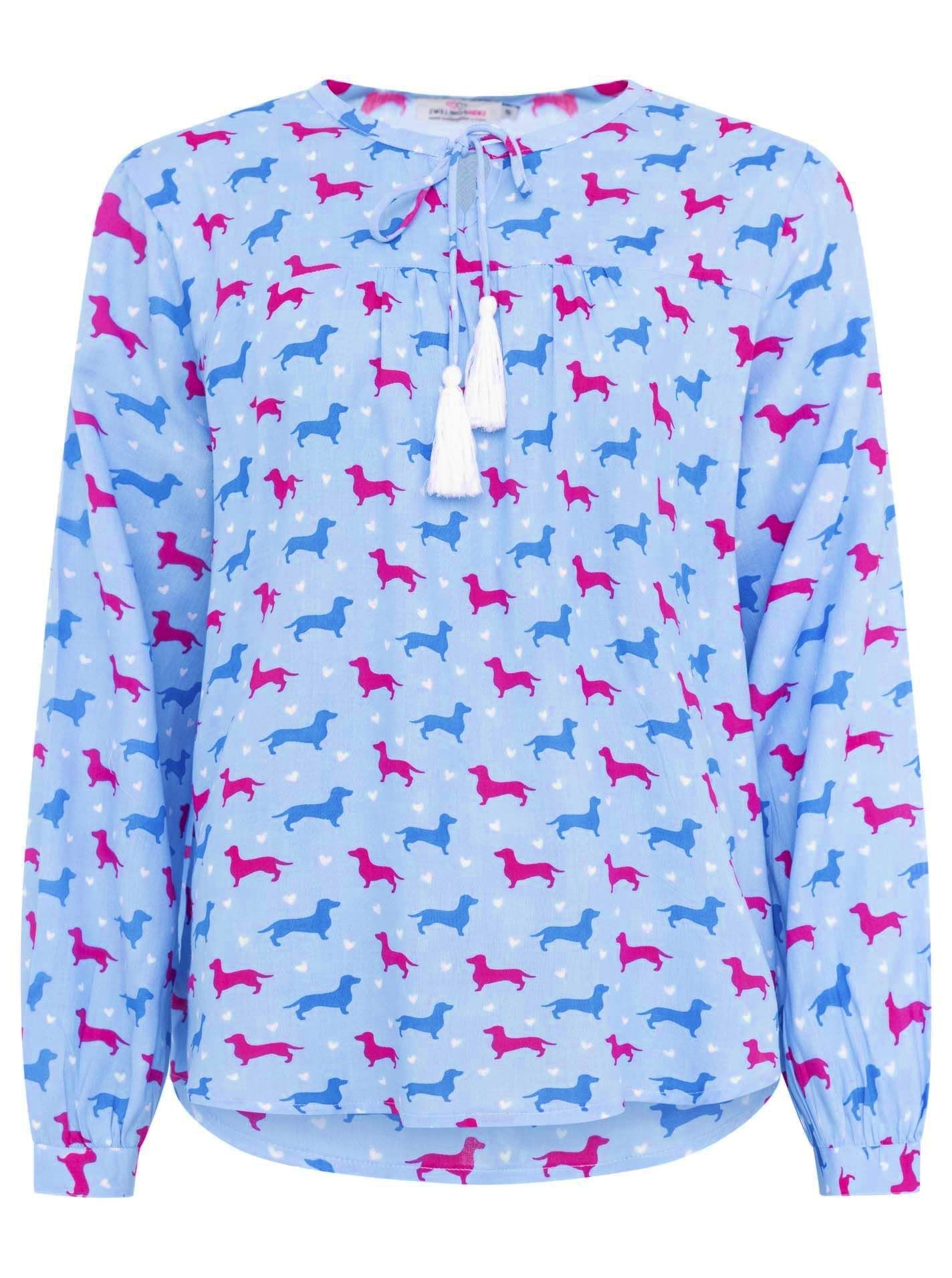 đź’• Zwillingsherz Bluse "Dackel 2-farbig" 100 % Viskose Hellblau