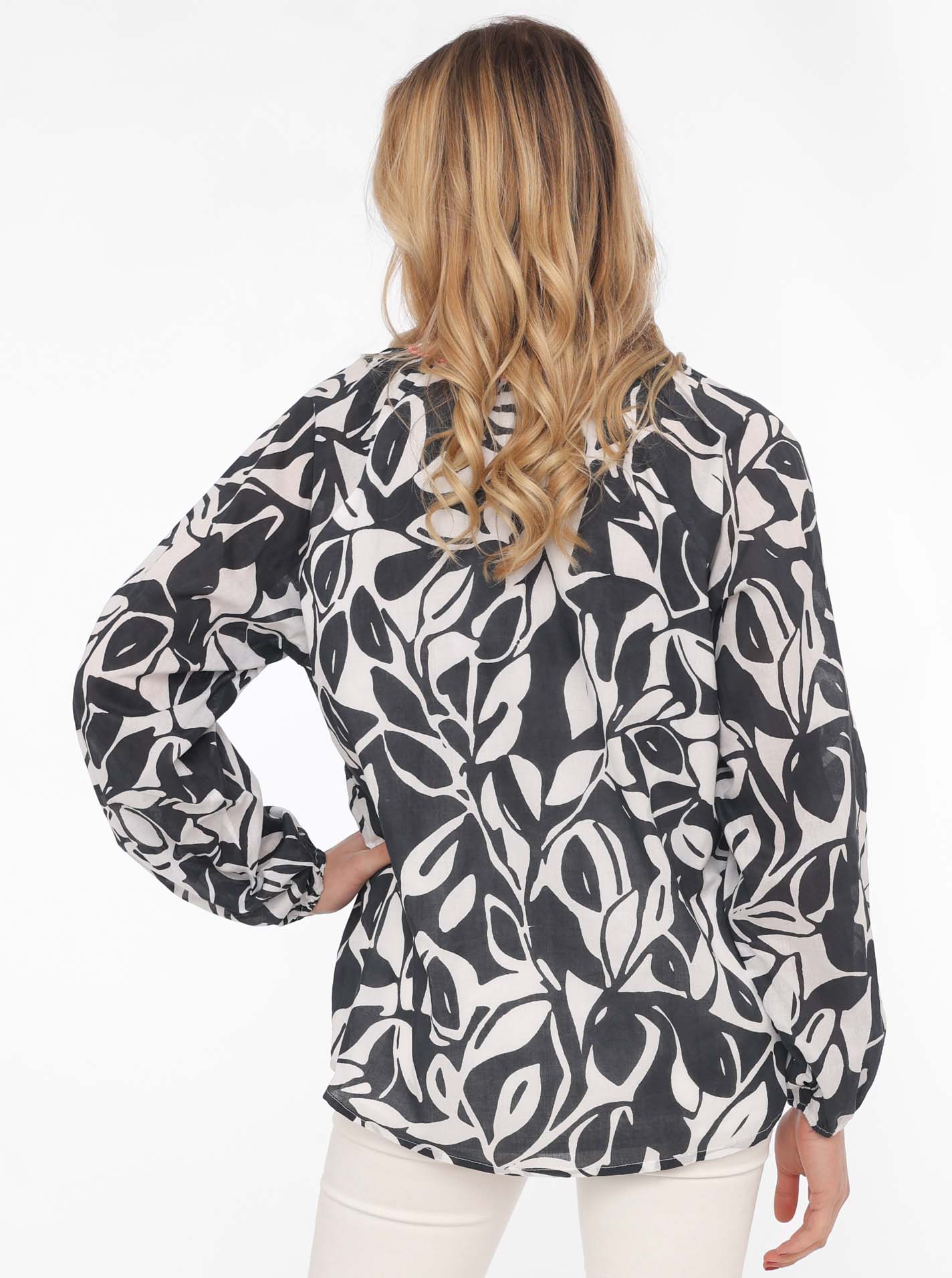 💕 Zwillingsherz Bluse "Blätter Zweifarbig" 100 % Baumwolle Schwarz