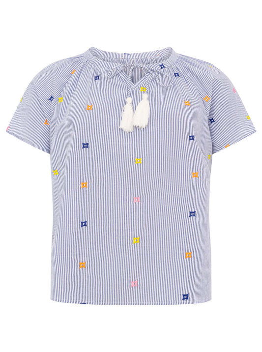 💕 Zwillingsherz Bluse Kurzarm "Stripes & Stitch" Blau