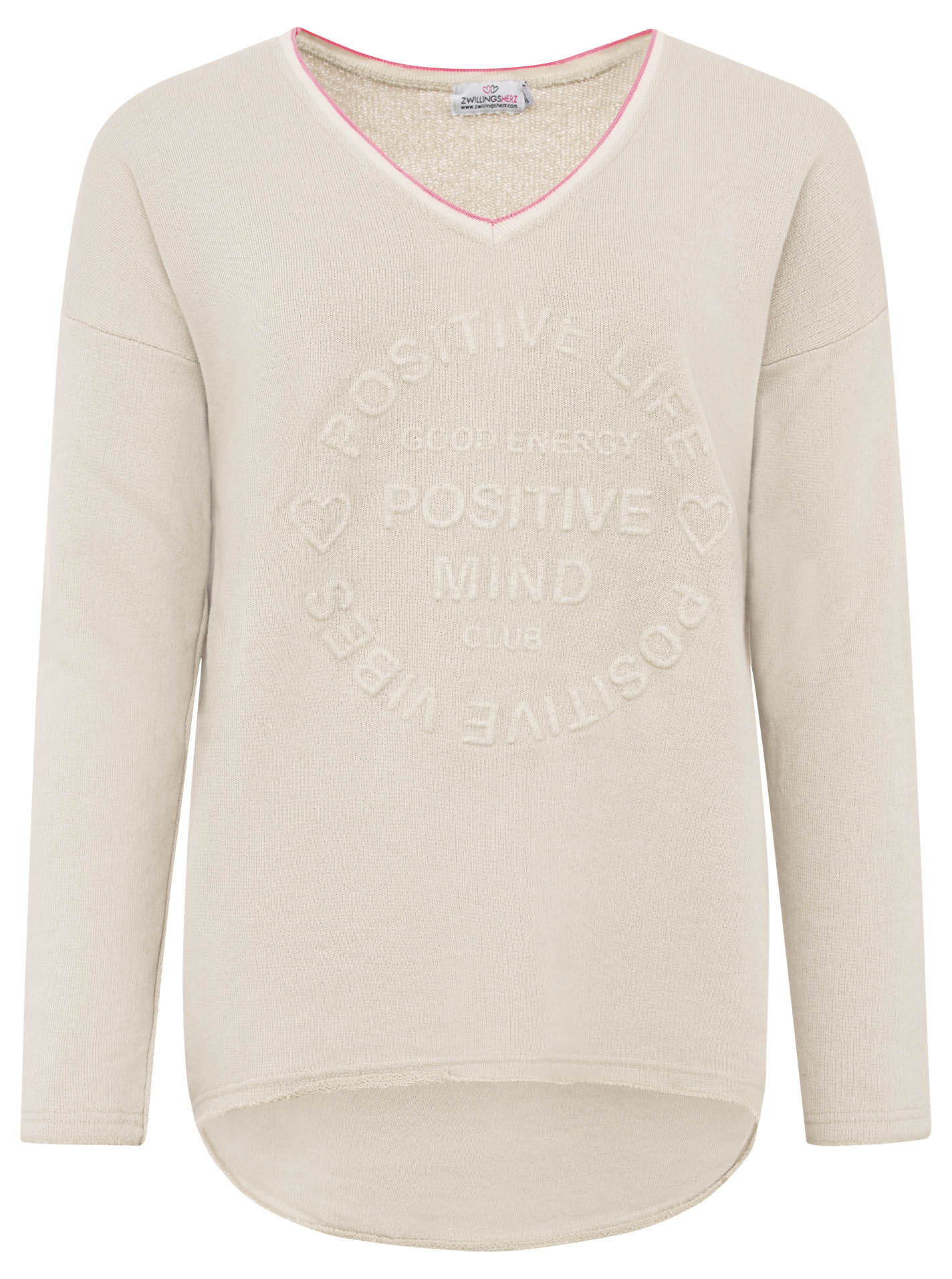 đź’• Zwillingsherz Pullover Sweater Neonkante "Positive Mind" Baumwolle Beige