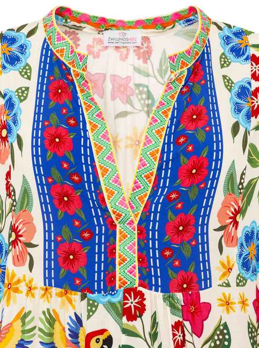 💕 Zwillingsherz Maxikleid Viskose "Summer Birds" Blau