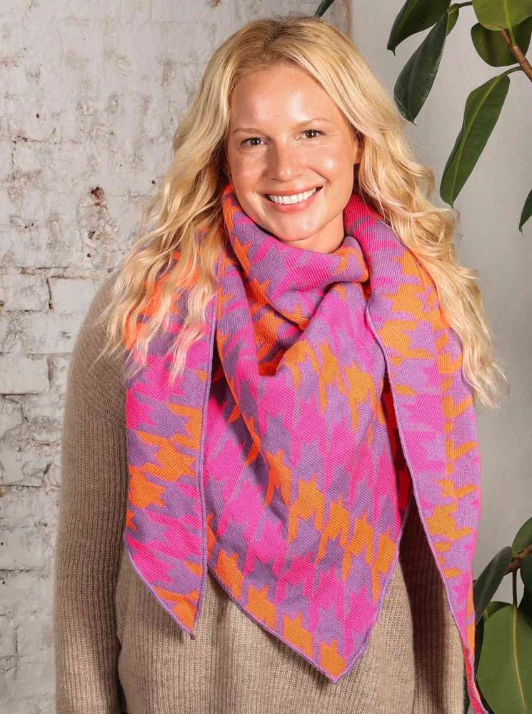 💕 Zwillingsherz Dreieckstuch "Hahnentritt Neon" Wolle Kaschmir Flieder Pink Orange
