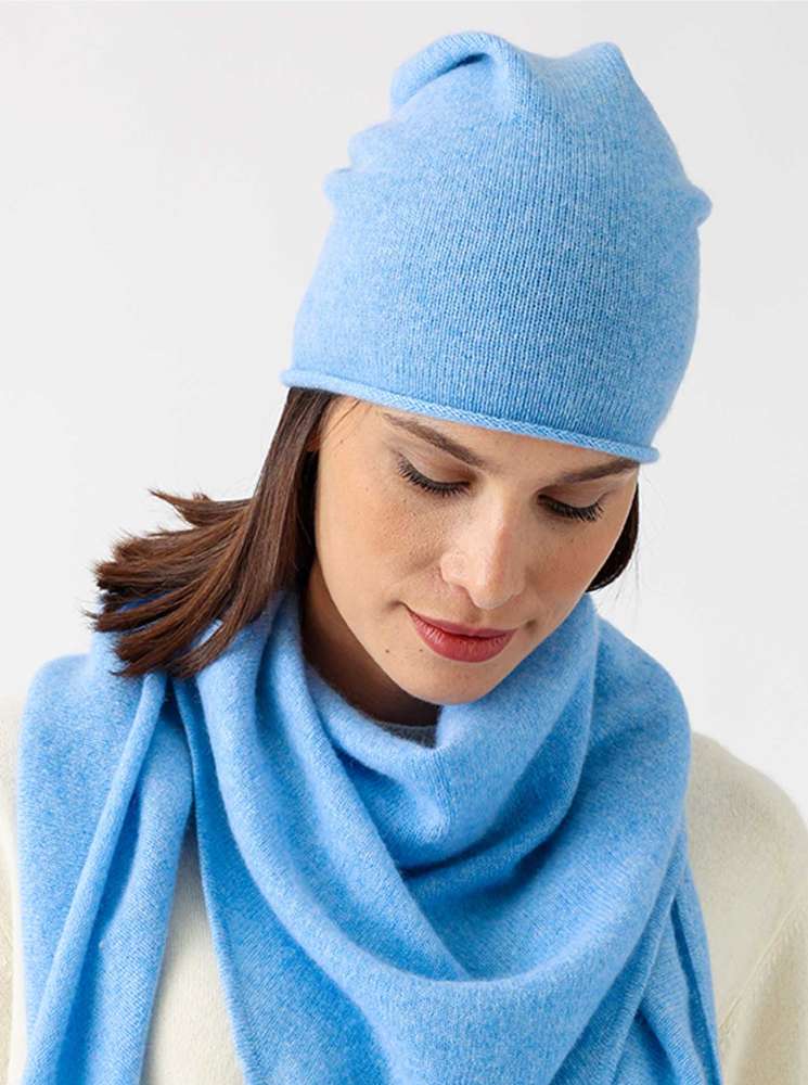 💕 Zwillingsherz Mütze Beanie 100 % Kaschmir Hellblau