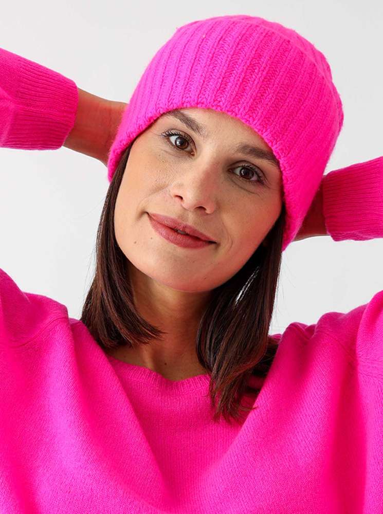 💕 Zwillingsherz Mütze Ribbon Beanie "Luxus" 100 % Kaschmir Gerippt Neonpink