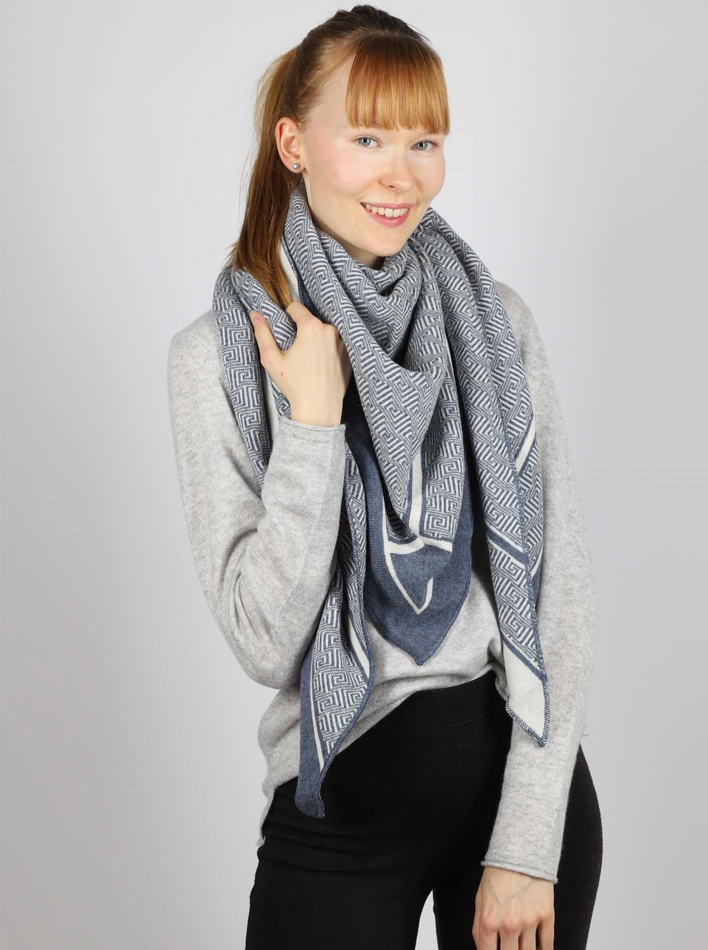 💕 Zwillingsherz Dreieckstuch "Labyrinth Story" mit Kaschmir Jeansblau