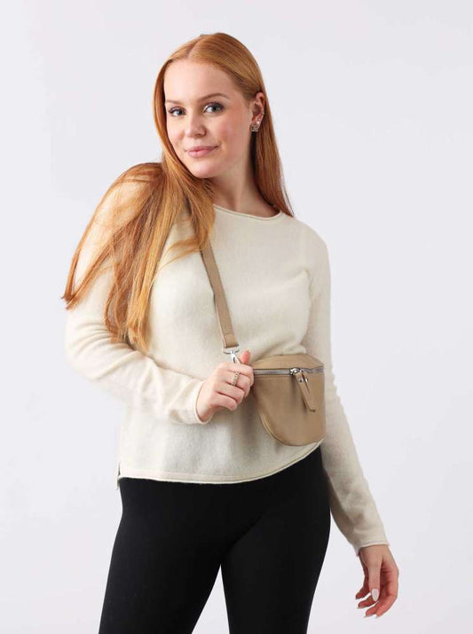 💕 Zwillingsherz Crossbody Tasche Bauchtasche XXL "Edda" 100 % Leder Beige Taupe