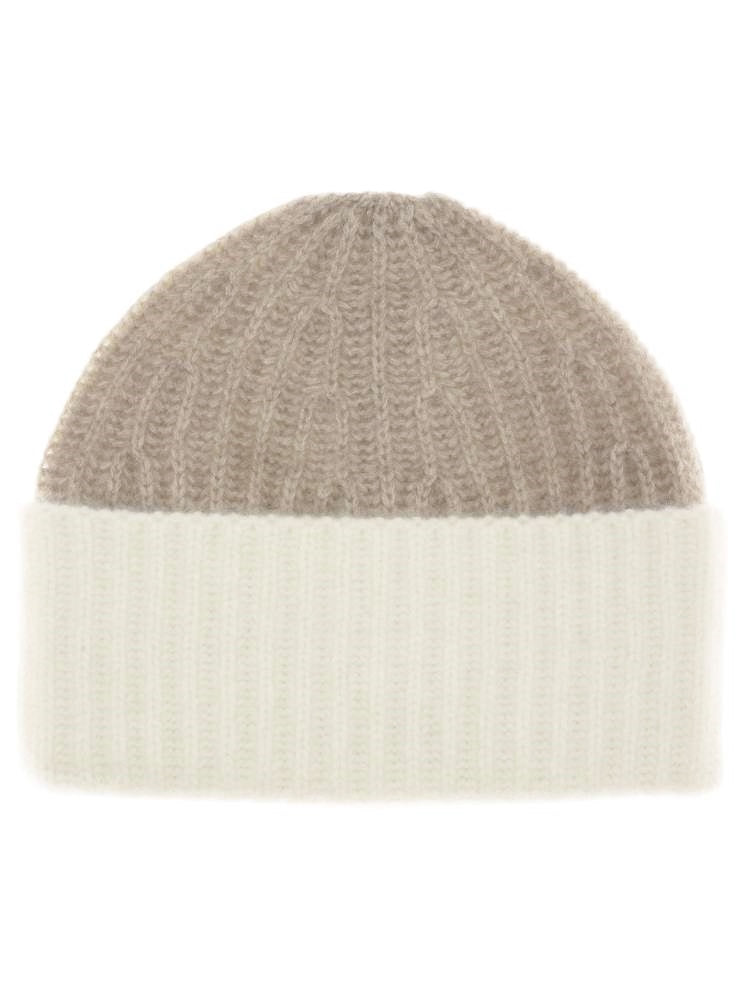 💕 Zwillingsherz Mütze Ribbon Beanie  Herren Luxus "Color" 100 % Kaschmir Gerippt Beige Wollweiß