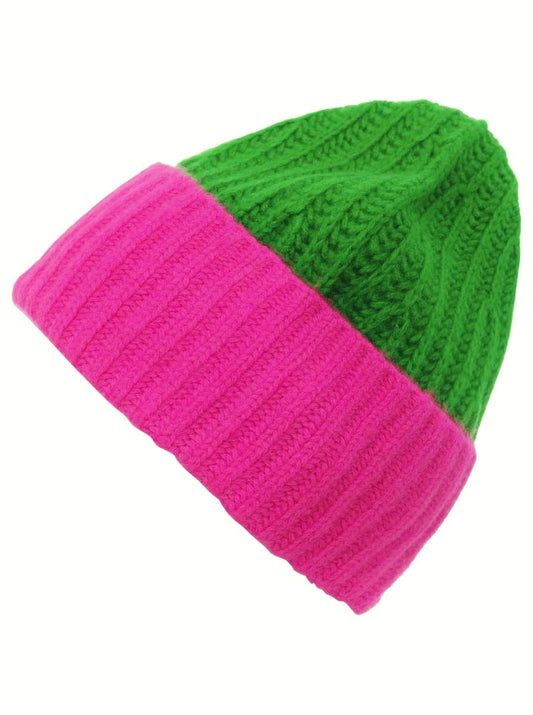 💕 Zwillingsherz Mütze Ribbon Beanie Luxus "Color" 100 % Kaschmir Gerippt Neonpink Grün
