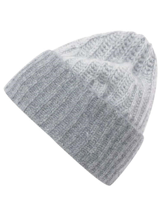 💕 Zwillingsherz Mütze Ribbon Beanie Herren Luxus "Color" 100 % Kaschmir Gerippt Grau Hellgrau