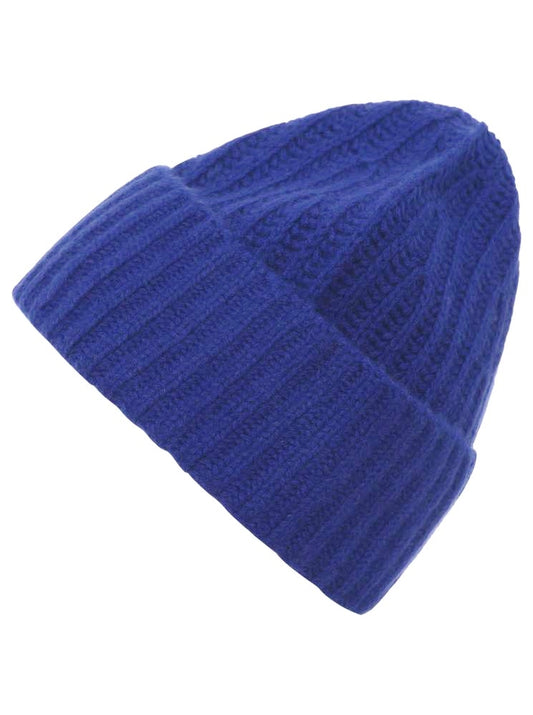 💕 Zwillingsherz Mütze Ribbon Beanie "Luxus" 100 % Kaschmir Gerippt Neonblau