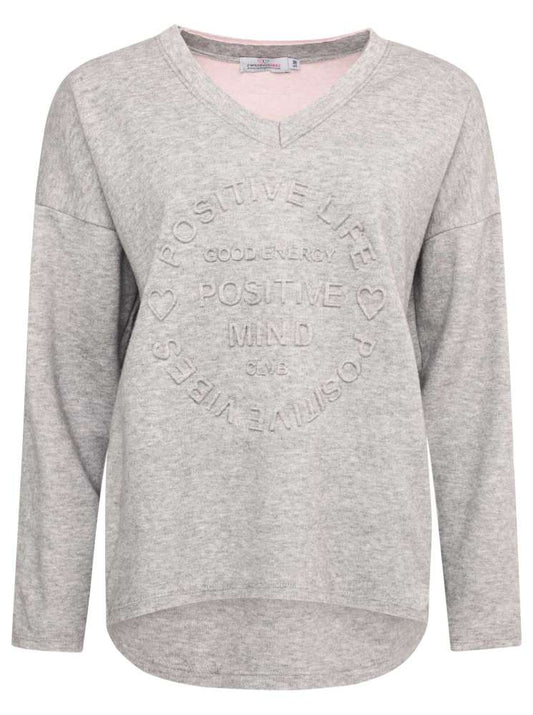 💕 Zwillingsherz Doubleface V-Neck Pullover "Positive Life" Sweatshirt Stempeldruck Hellgrau