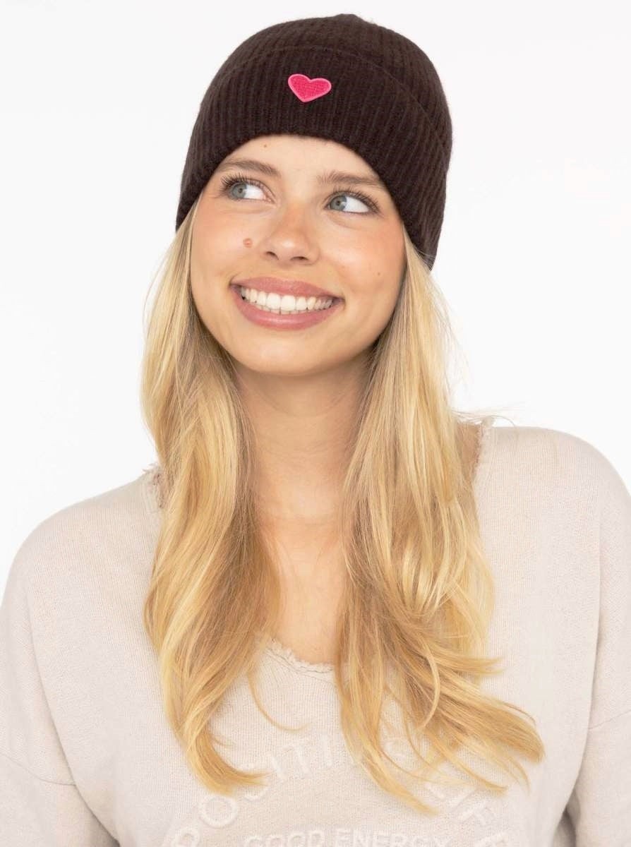 💕 Zwillingsherz Mütze "Ribbon Patch Herz" 100 % Kaschmir Umschlag Braun