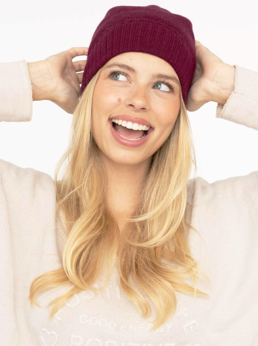 💕 Zwillingsherz Mütze "Gerippter Umschlag" 100 % Kaschmir Bordeaux