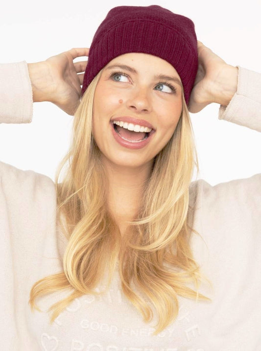 💕 Zwillingsherz Mütze "Gerippter Umschlag" 100 % Kaschmir Bordeaux