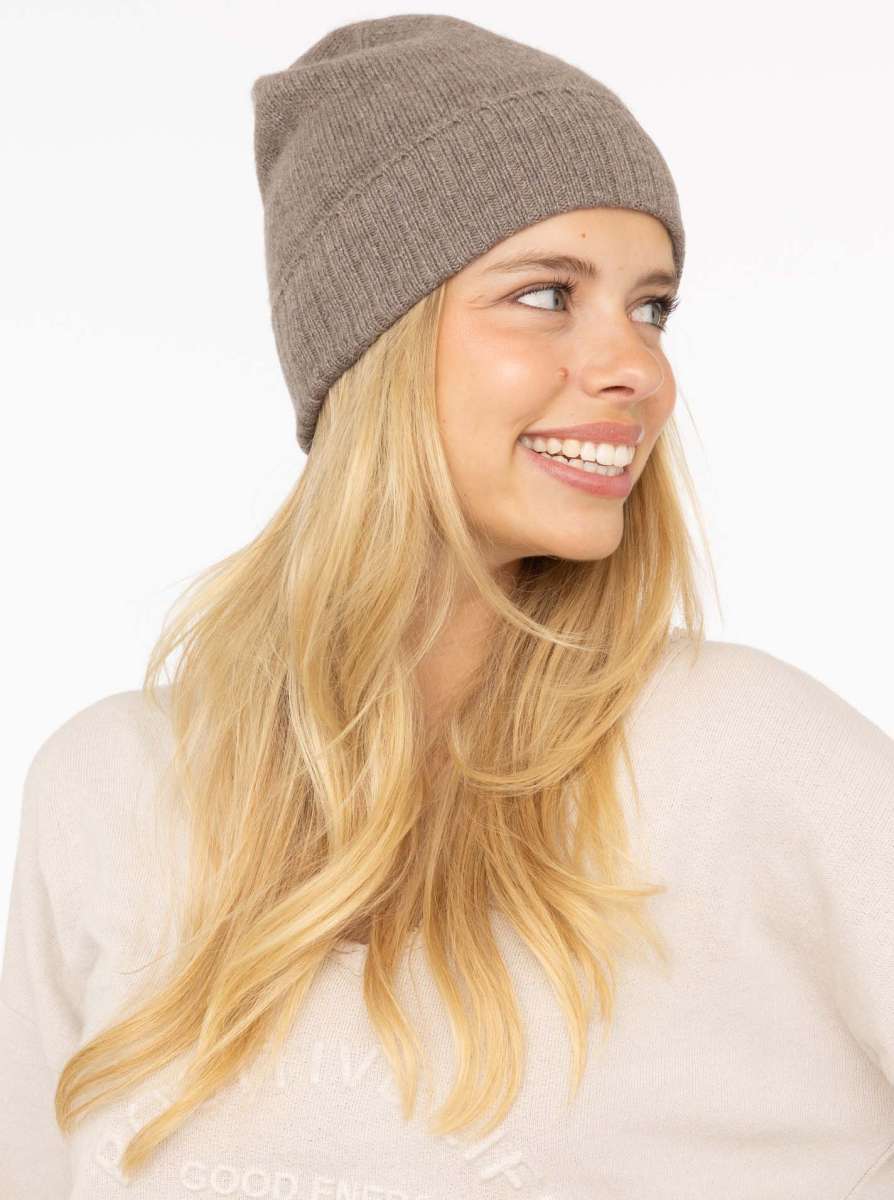 💕 Zwillingsherz Mütze "Gerippter Umschlag" 100 % Kaschmir Taupe