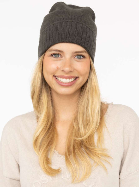 💕 Zwillingsherz Mütze "Gerippter Umschlag" 100 % Kaschmir Olive