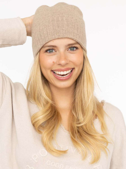 💕 Zwillingsherz Mütze "Gerippter Umschlag" 100 % Kaschmir Mittelbeige