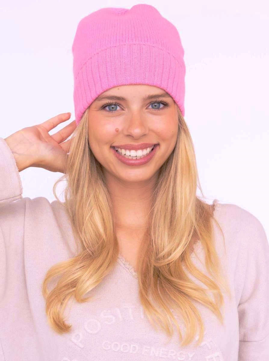 💕 Zwillingsherz Mütze "Gerippter Umschlag" 100 % Kaschmir Bubblegum