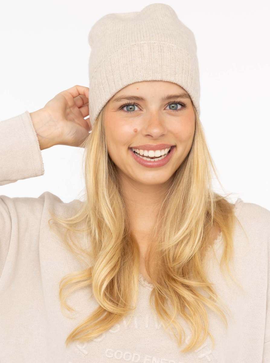 💕 Zwillingsherz Mütze "Gerippter Umschlag" 100 % Kaschmir Hellbeige