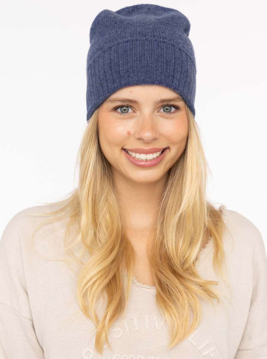 💕 Zwillingsherz Mütze "Gerippter Umschlag" 100 % Kaschmir Jeansblau