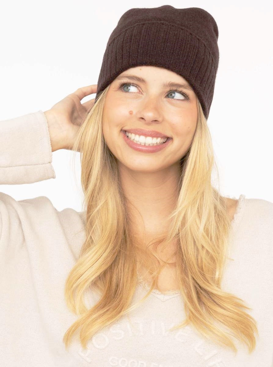 💕 Zwillingsherz Mütze "Gerippter Umschlag" 100 % Kaschmir Braun NEU