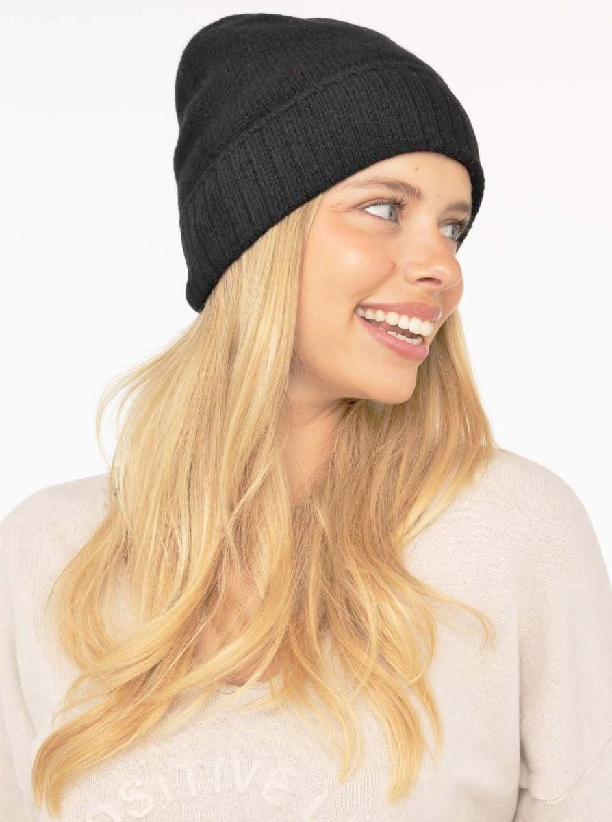 💕 Zwillingsherz Mütze "Gerippter Umschlag" 100 % Kaschmir Schwarz