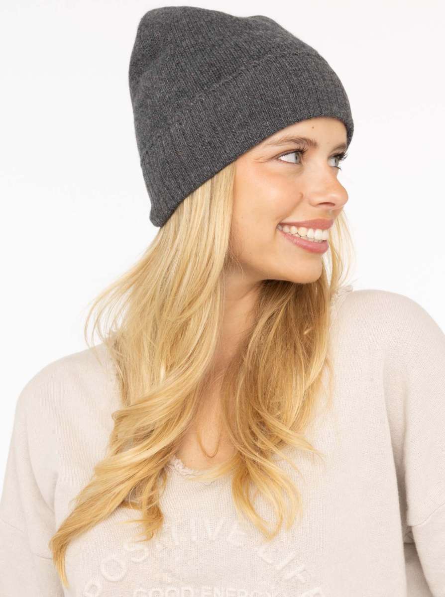 💕 Zwillingsherz Mütze "Gerippter Umschlag" 100 % Kaschmir Anthrazit