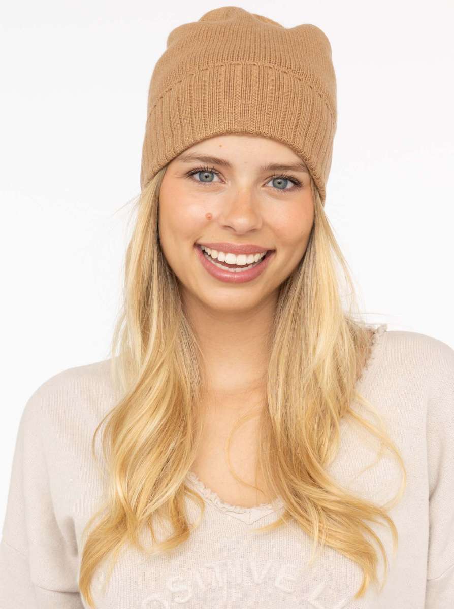 💕 Zwillingsherz Mütze "Gerippter Umschlag" 100 % Kaschmir Camel