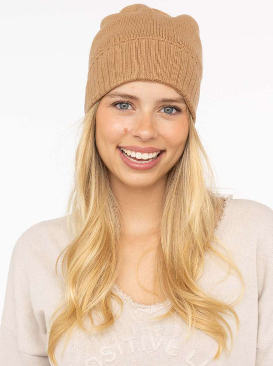 💕 Zwillingsherz Mütze "Gerippter Umschlag" 100 % Kaschmir Camel